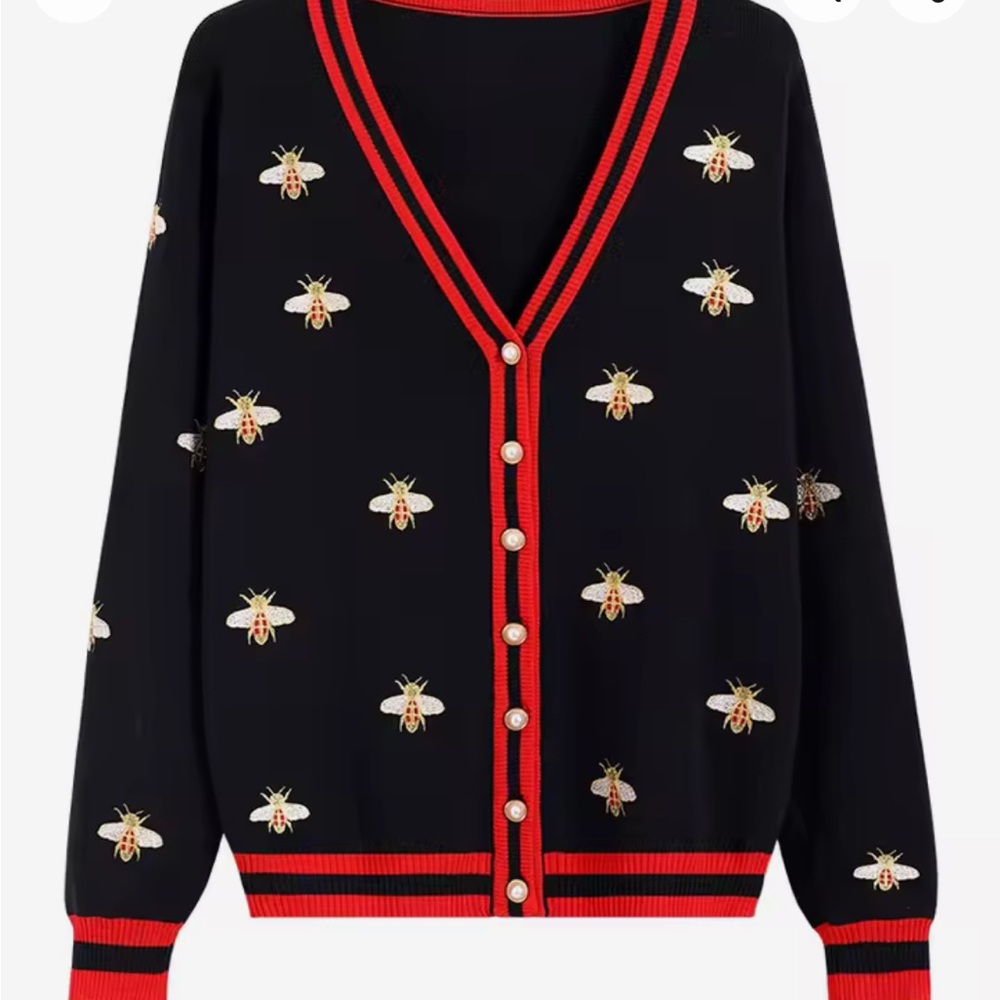 Black Cardigan with Bee Embroidery and Red Trim